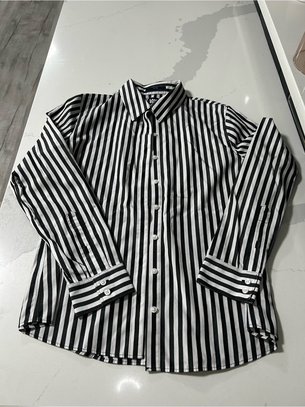 Lands' End Black & White Vertical Stripe Dress Shirt